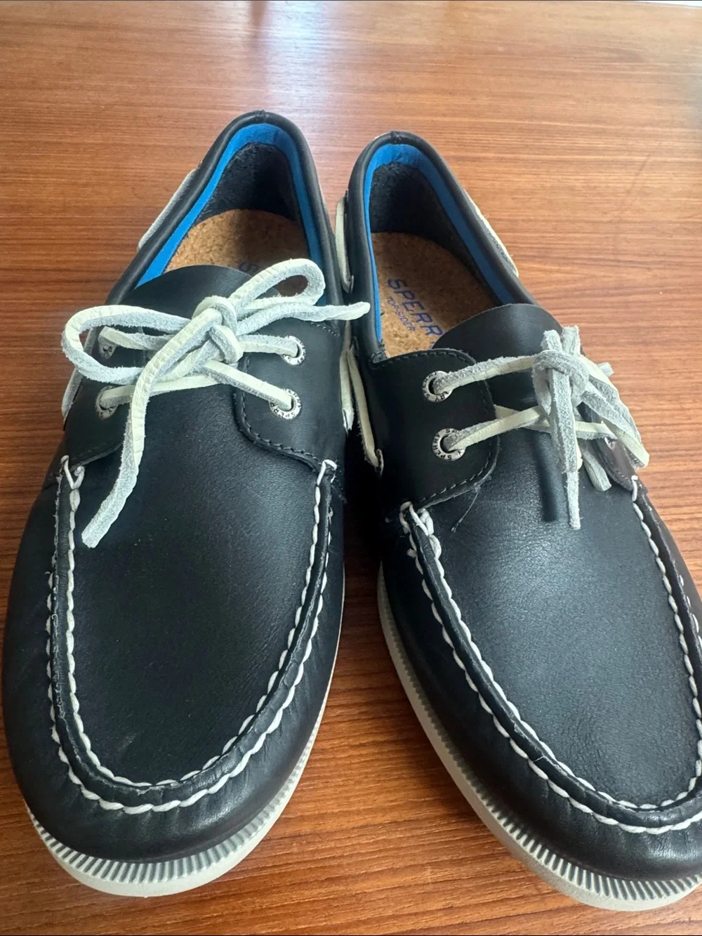 Sperry navy Leather Boat Shoes with White Laces